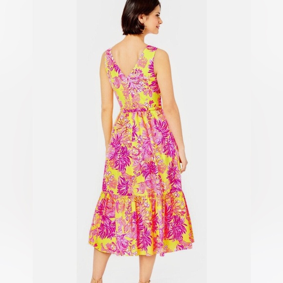 Lilly Pulitzer Bri V-Neck Cotton Midi-Dress - Calla Yellow Floral Coral - Size 4 - Picture 4 of 11